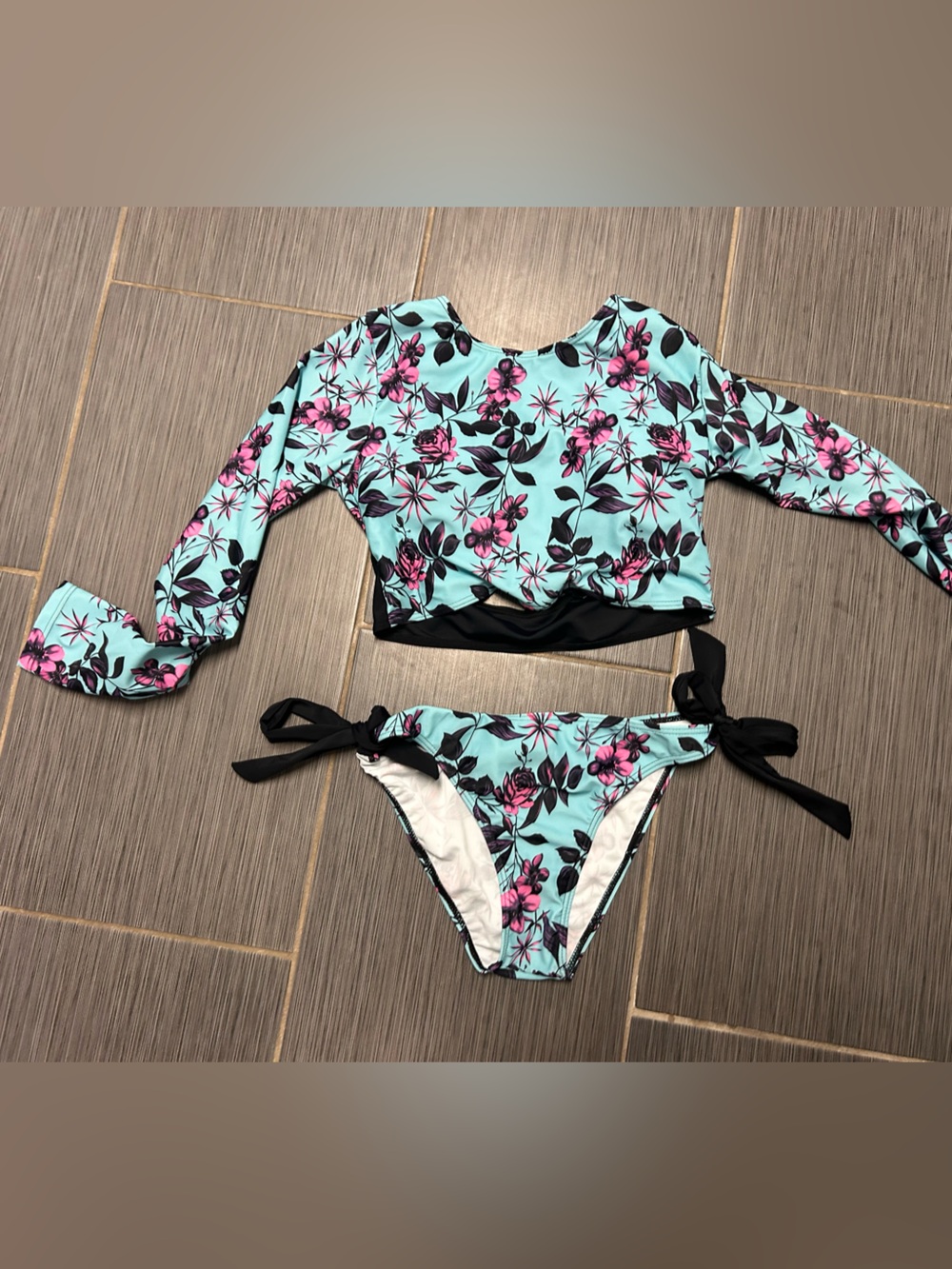 Womens 2 Floral Rash Guard Bikini Set - Aqua & Pink NWT